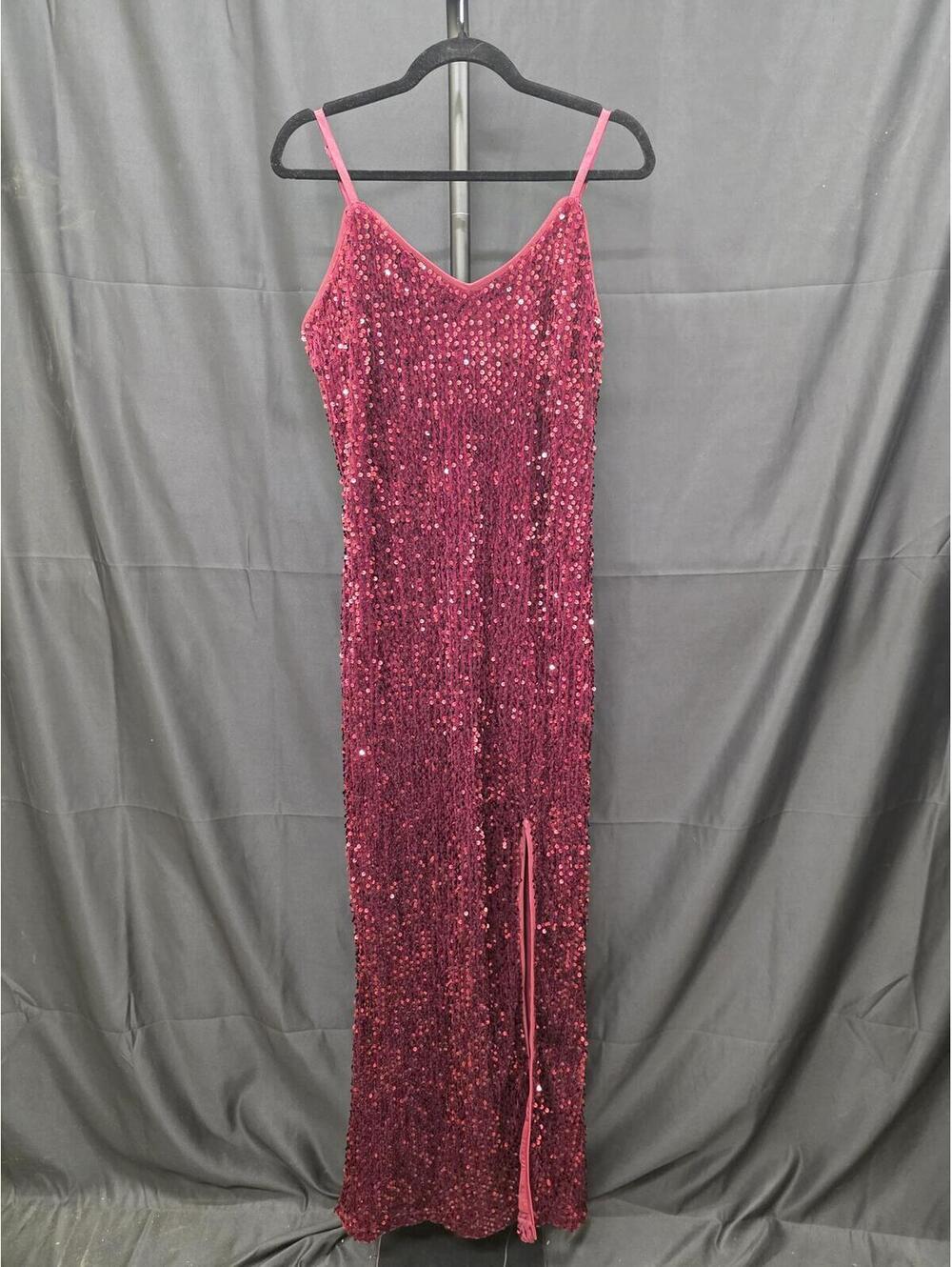 SIMPLEE SEQUIN V‑NECK BODYCON FORMAL EVENING MAXI DRESS WINE RED SIZE L